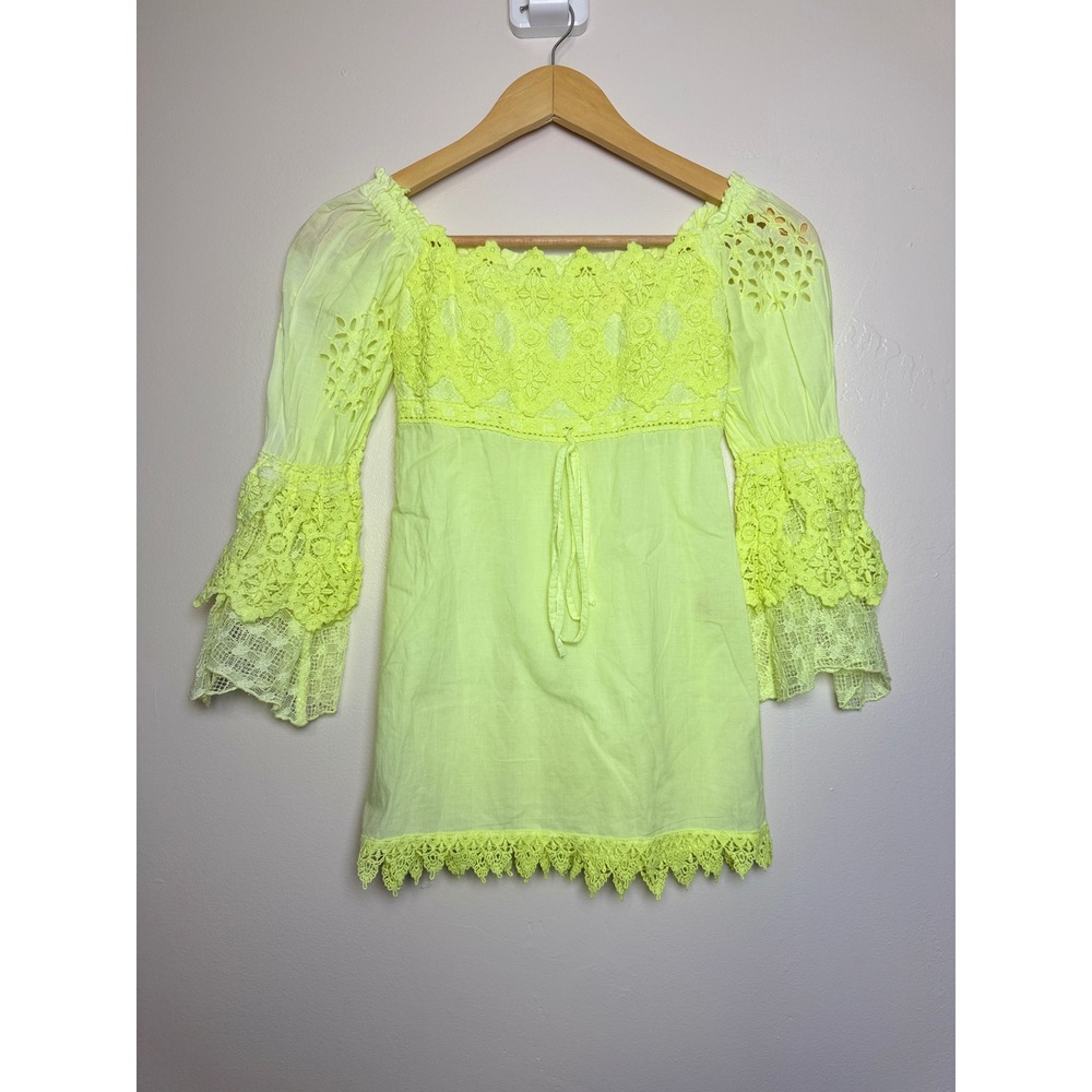 Temptation Positano Neon Yellow Lace Bell Sleeve Tunic Top Made in Italy XS